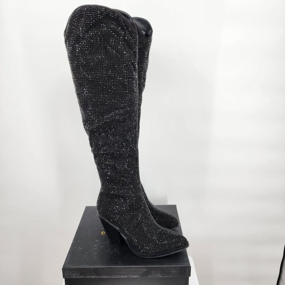 AZALEA WANG Nash Crystal Knee High Cowboy Boots Black NWT - Picture 4 of 13